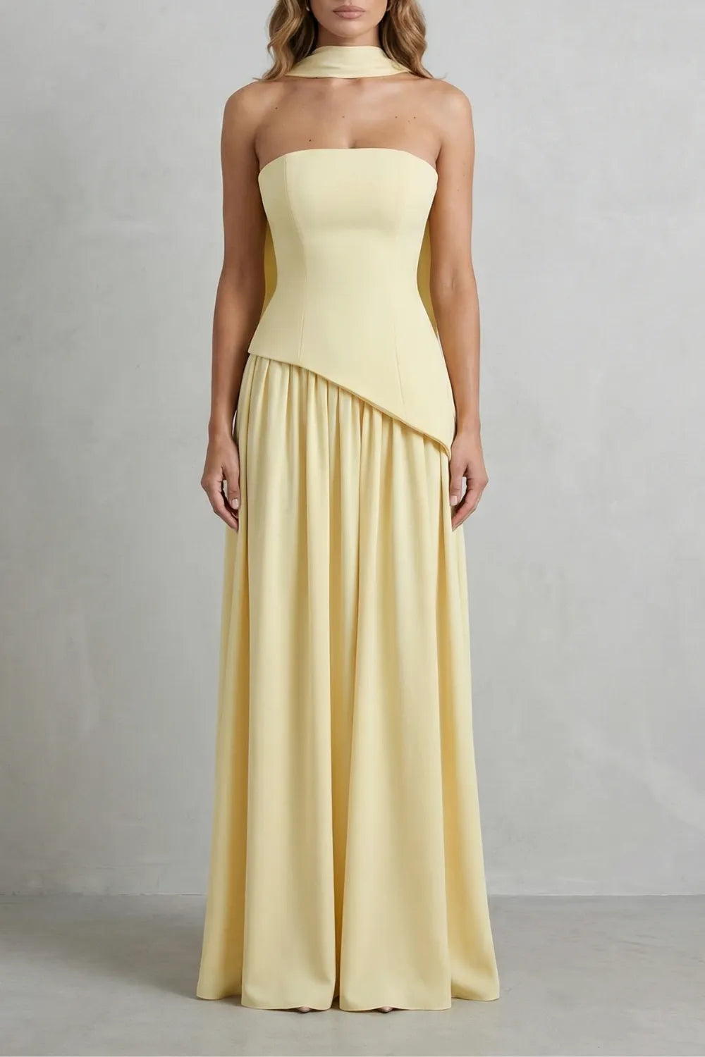 Sculpted draped slit – Strapless maxi dress