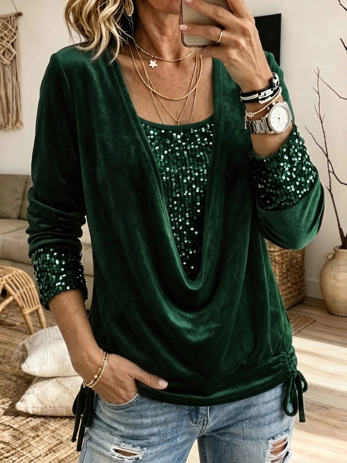 Velvet Cowl Neck 2‐in‐1 Blouse Sequin Long Sleeve Drawstring Party Top