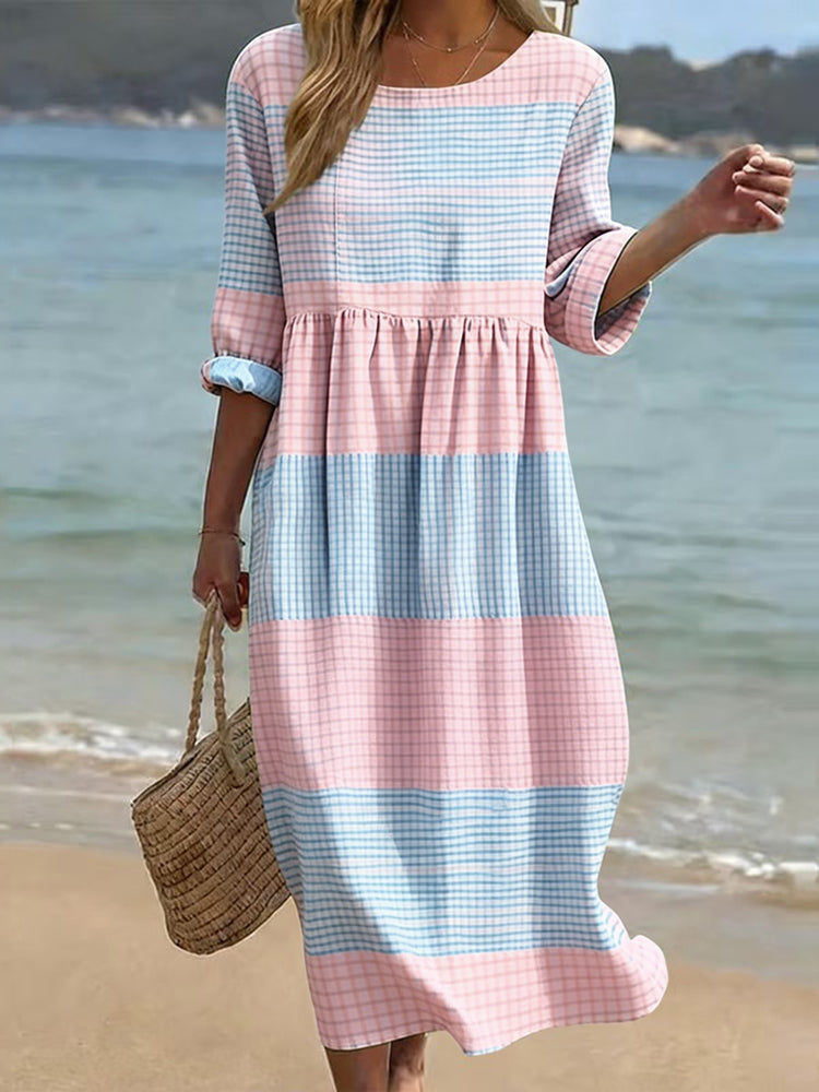Women's Japanese Color Block Art Linen-blend Maxi Dress