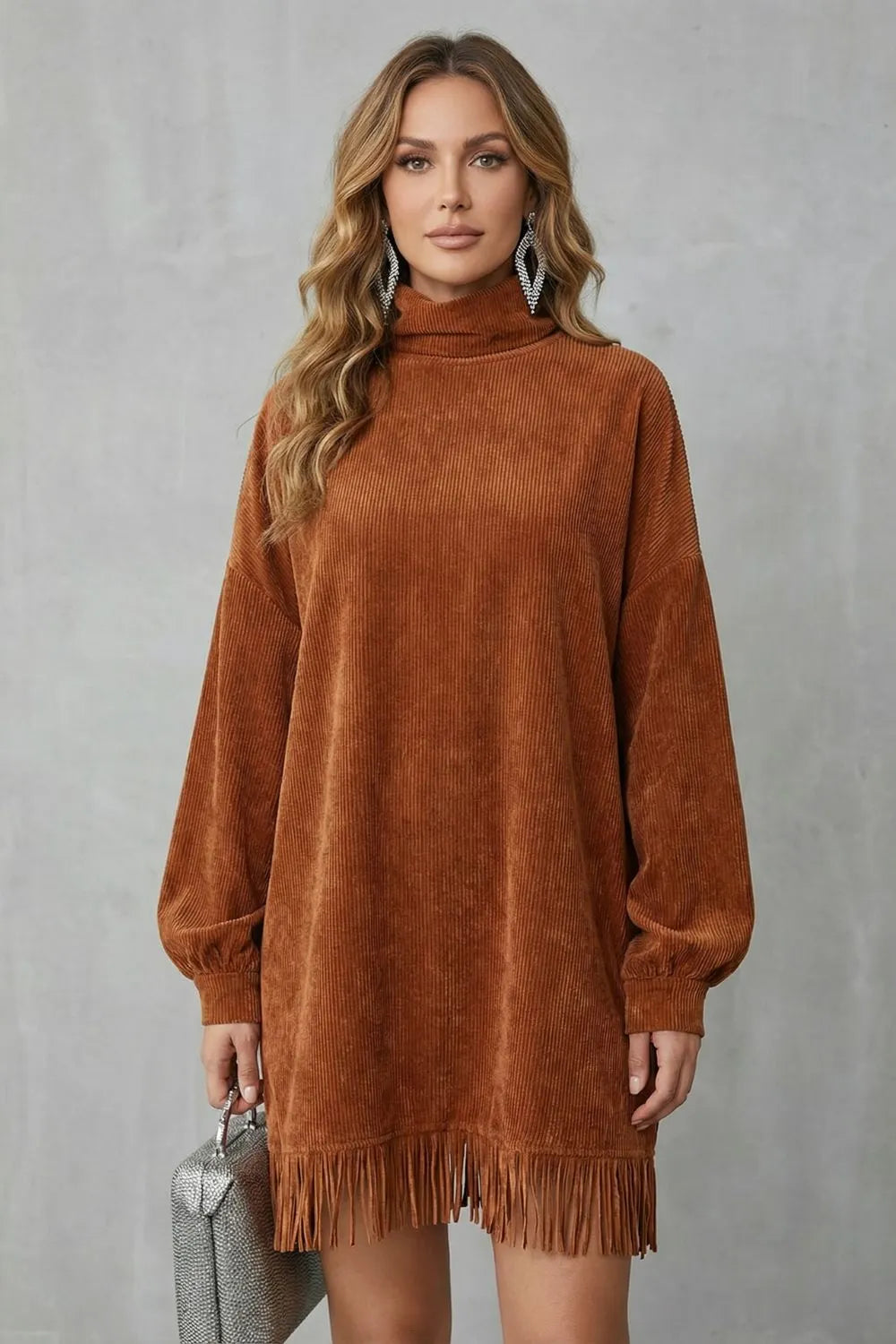 Fringed charm – Turtleneck mini dress