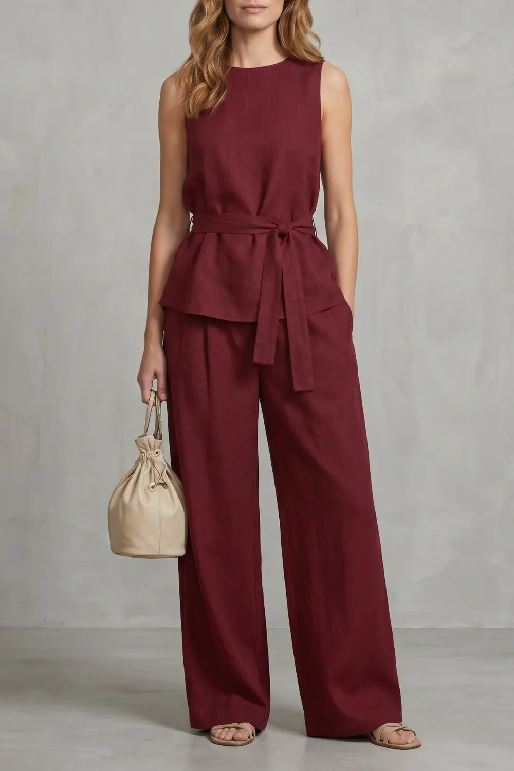 Elegant tie-waist silhouette – Two-piece trouser set