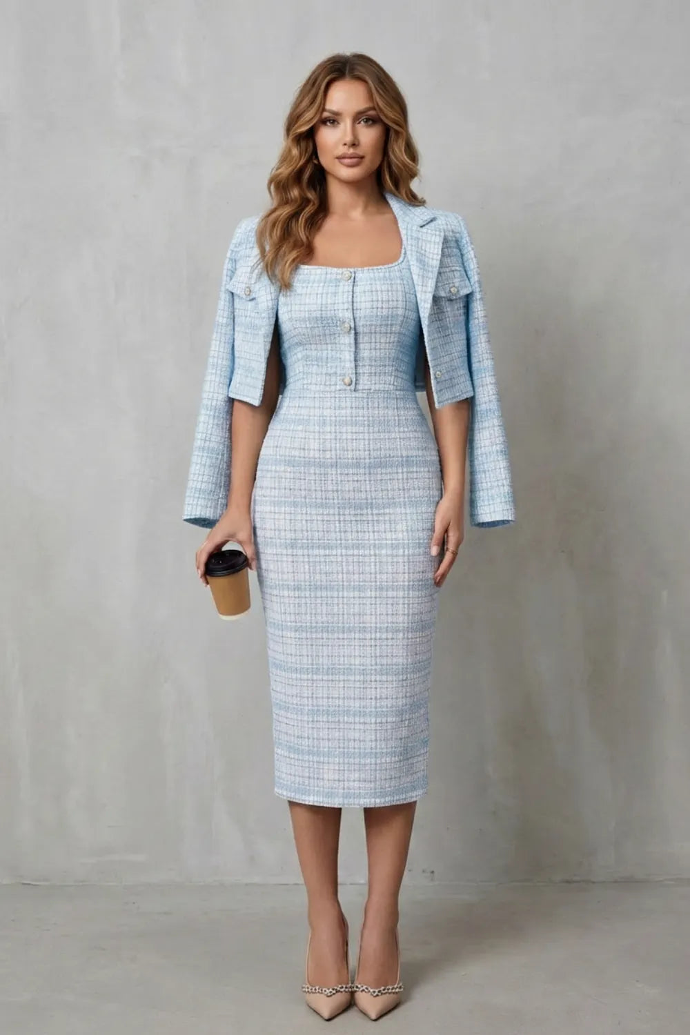 Elegant plaid tailoring – Two-piece midi dress set