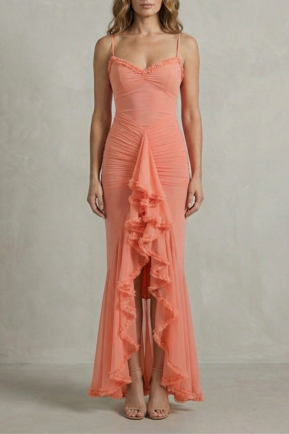 Feminine ruffle allure – Sleeveless high low maxi dress