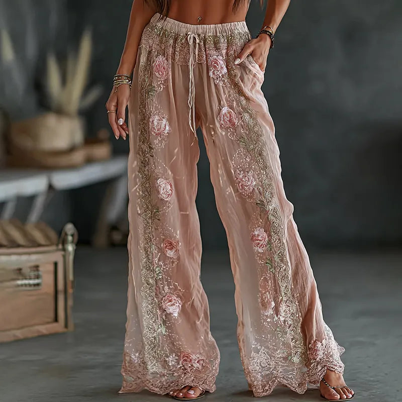 Women's Vintage Spring Floral Embroidered Art Print Flowy Linen Blend Casual Pants