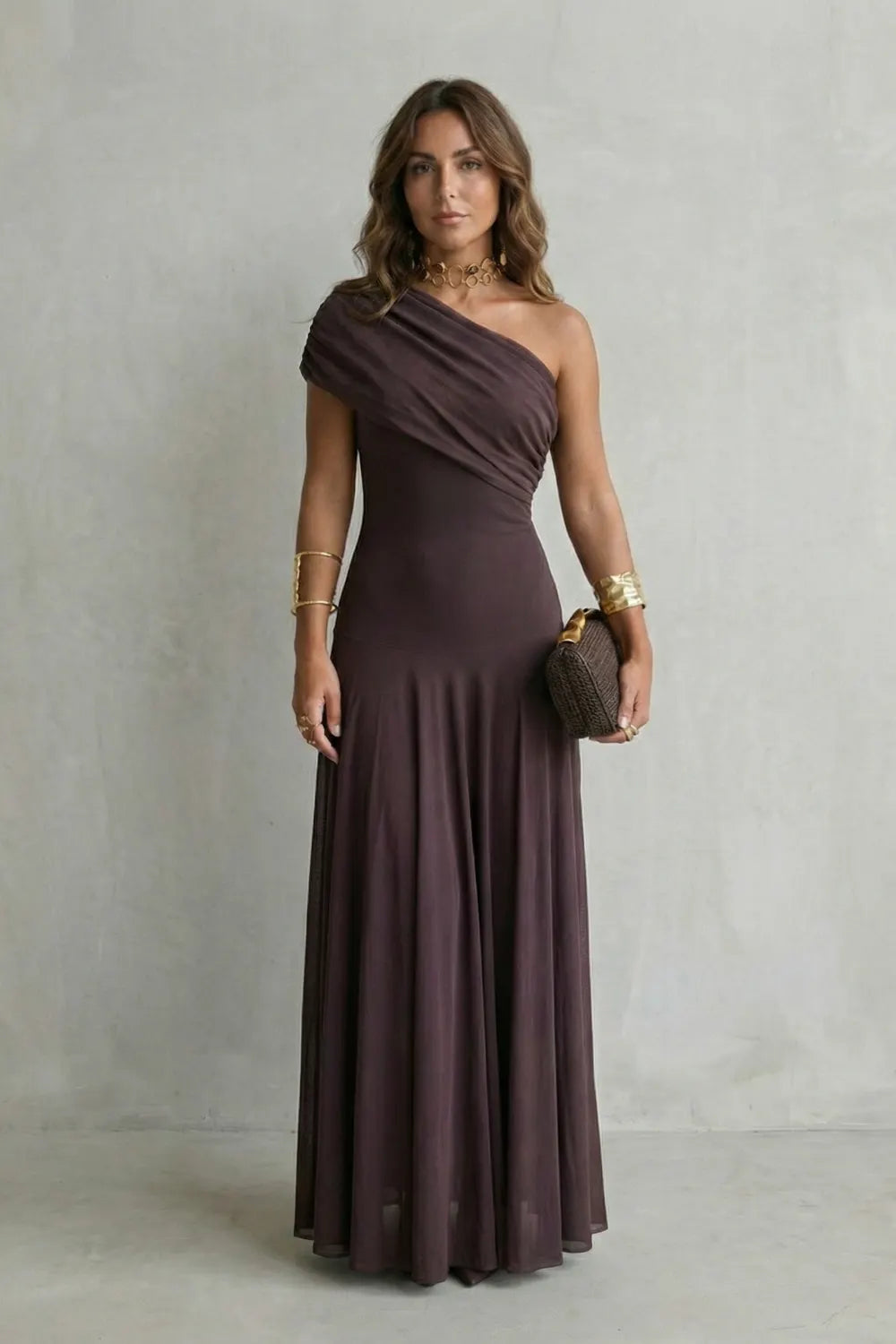 Elegant draped neckline – One shoulder maxi dress