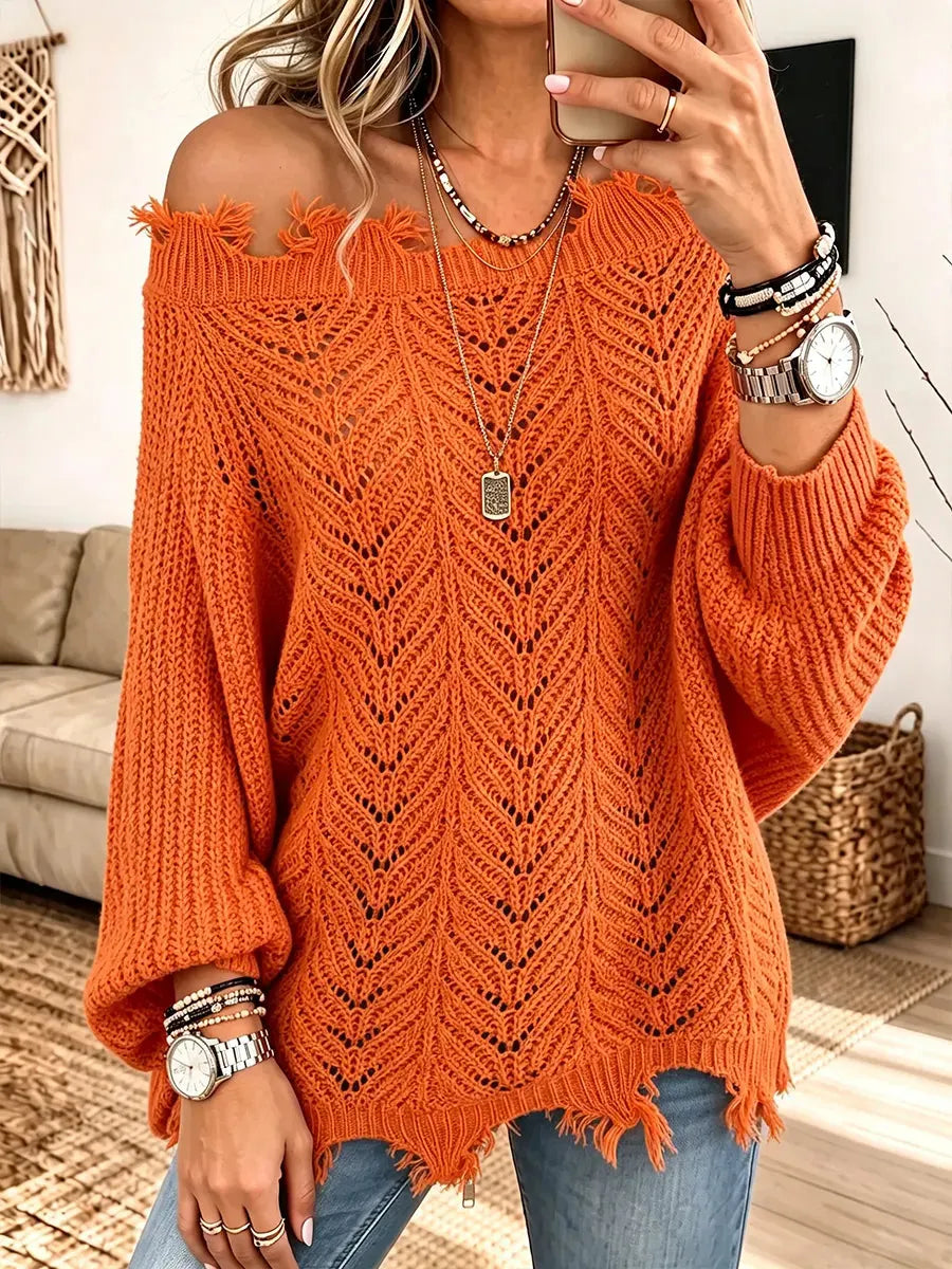 Women’s Distressed Raw-edge One-shoulder Hollow Knit Sweater