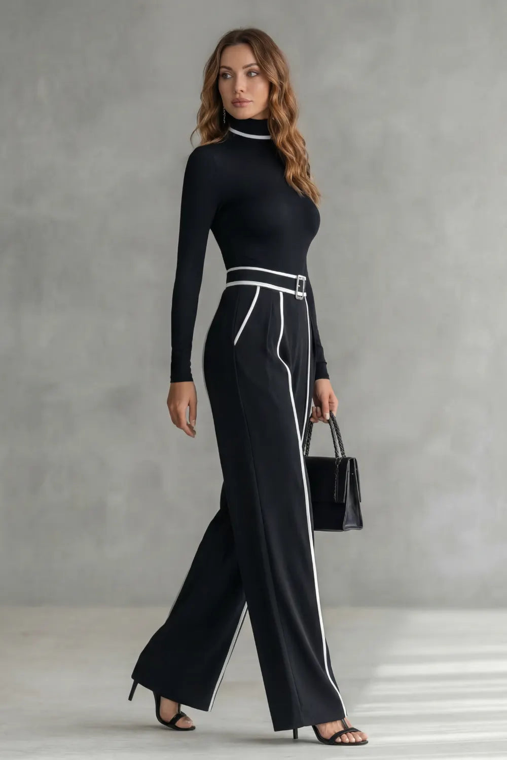 Contrast piping detail – High-neck jumpsuit