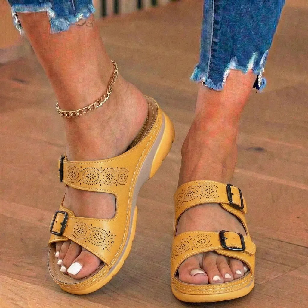 Orthopedic Genuine Leather Platform Slides — Double-Buckle Cutout Design
