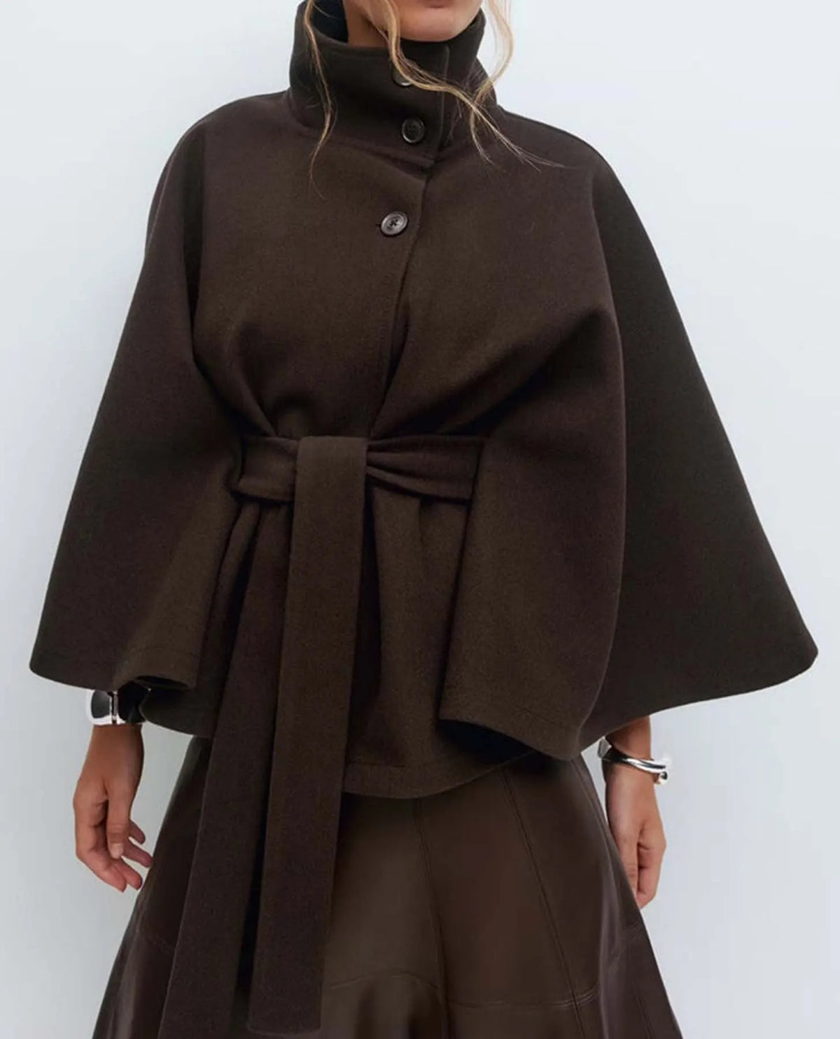 Cape Sleeve Belted Wool Blend Coat Stand Collar Button Wrap Jacket