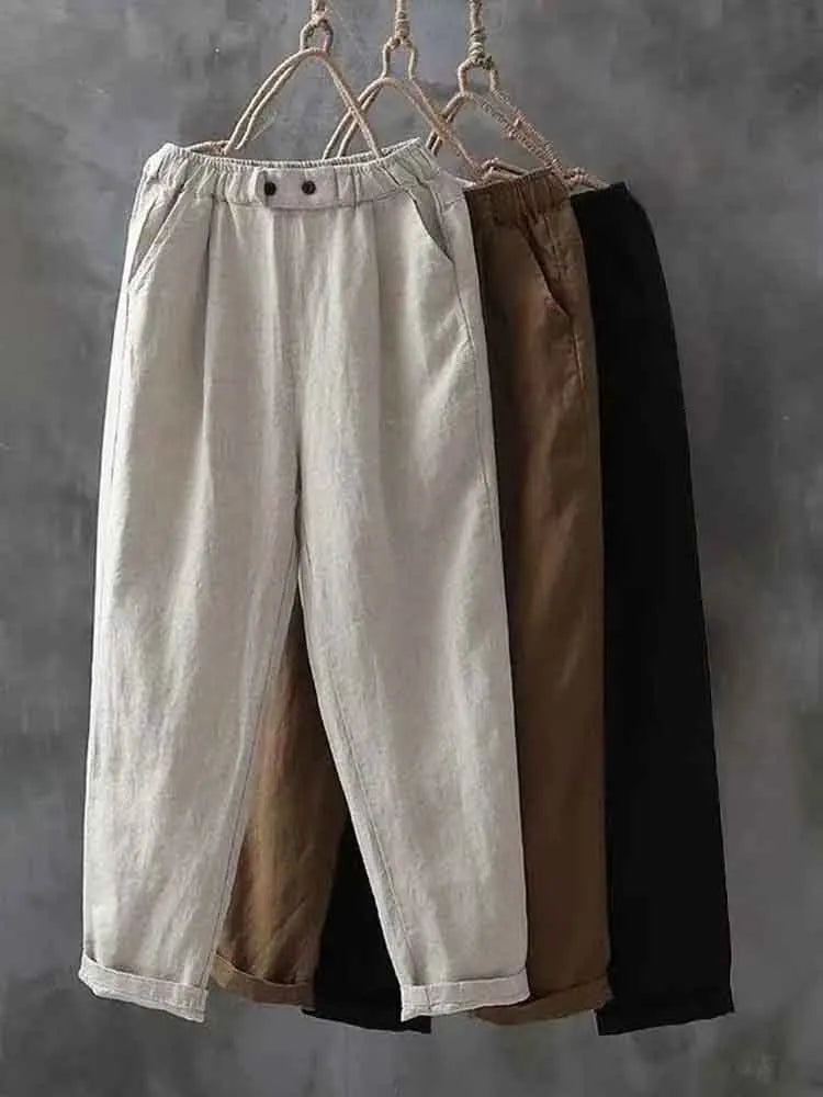 Women's Simple Linen Blend Elastic Waist Casual Pants