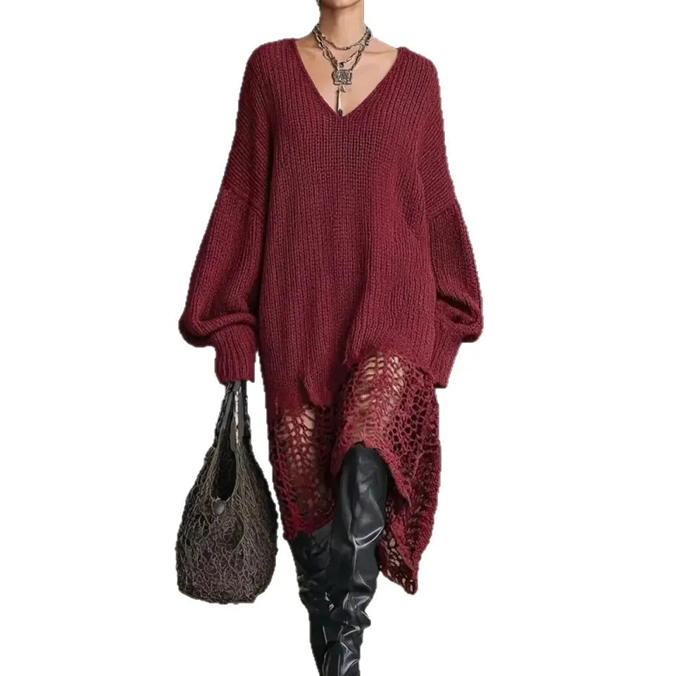 V-neck Knit Dress With Asymmetrical Hem And Openwork Detailing Loose-fitting Dress