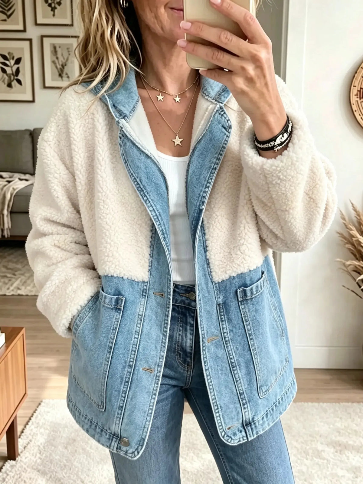 Women's Denim Patchwork Sherpa Fleece Jacket