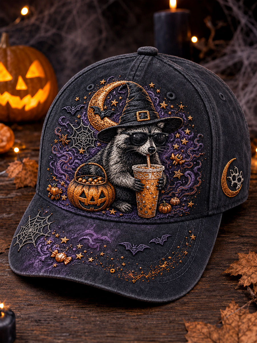 Cool Witch Raccoon & Pumpkin Halloween Baseball Cap