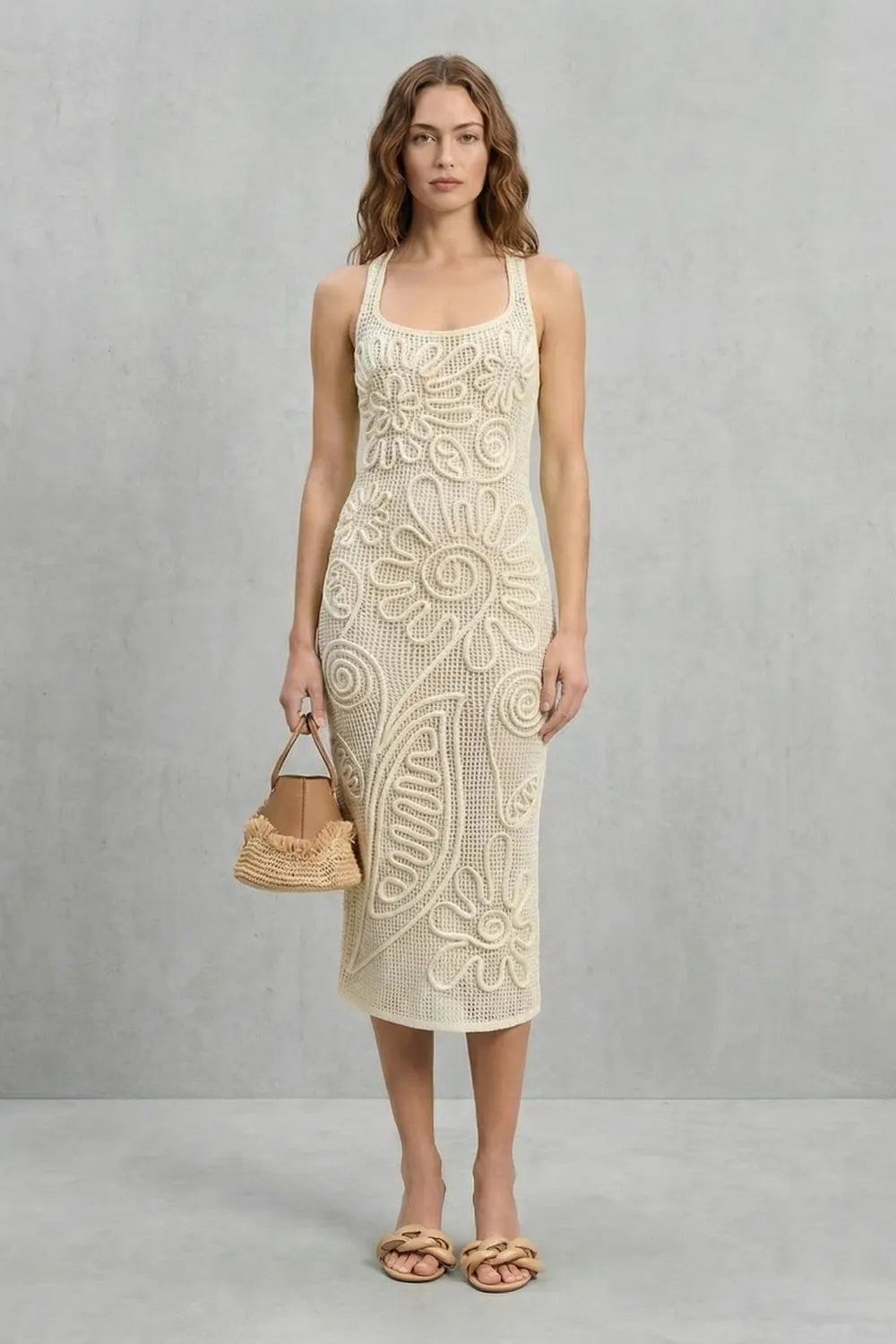 Sculpted crochet bloom – Textured midi dress