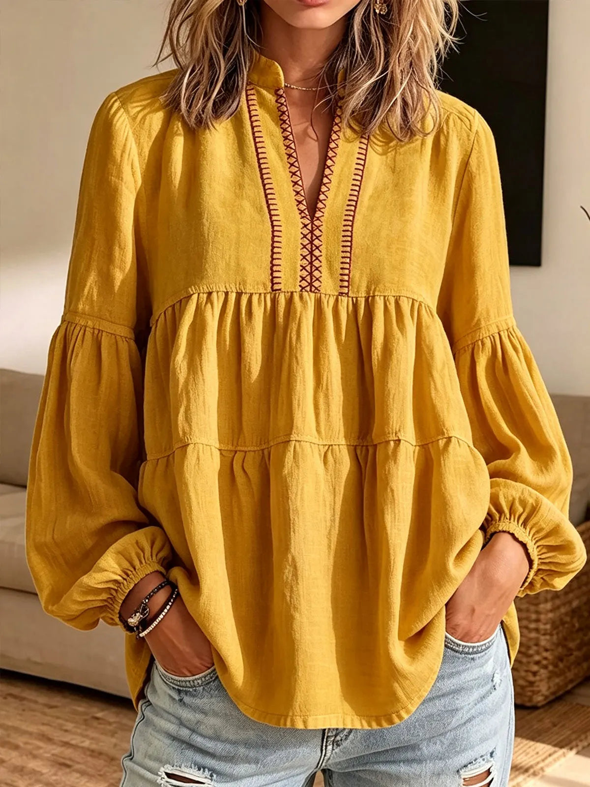 Boho Embroidered Tiered Long Sleeve Blouse, Women V‐Neck Peasant Top