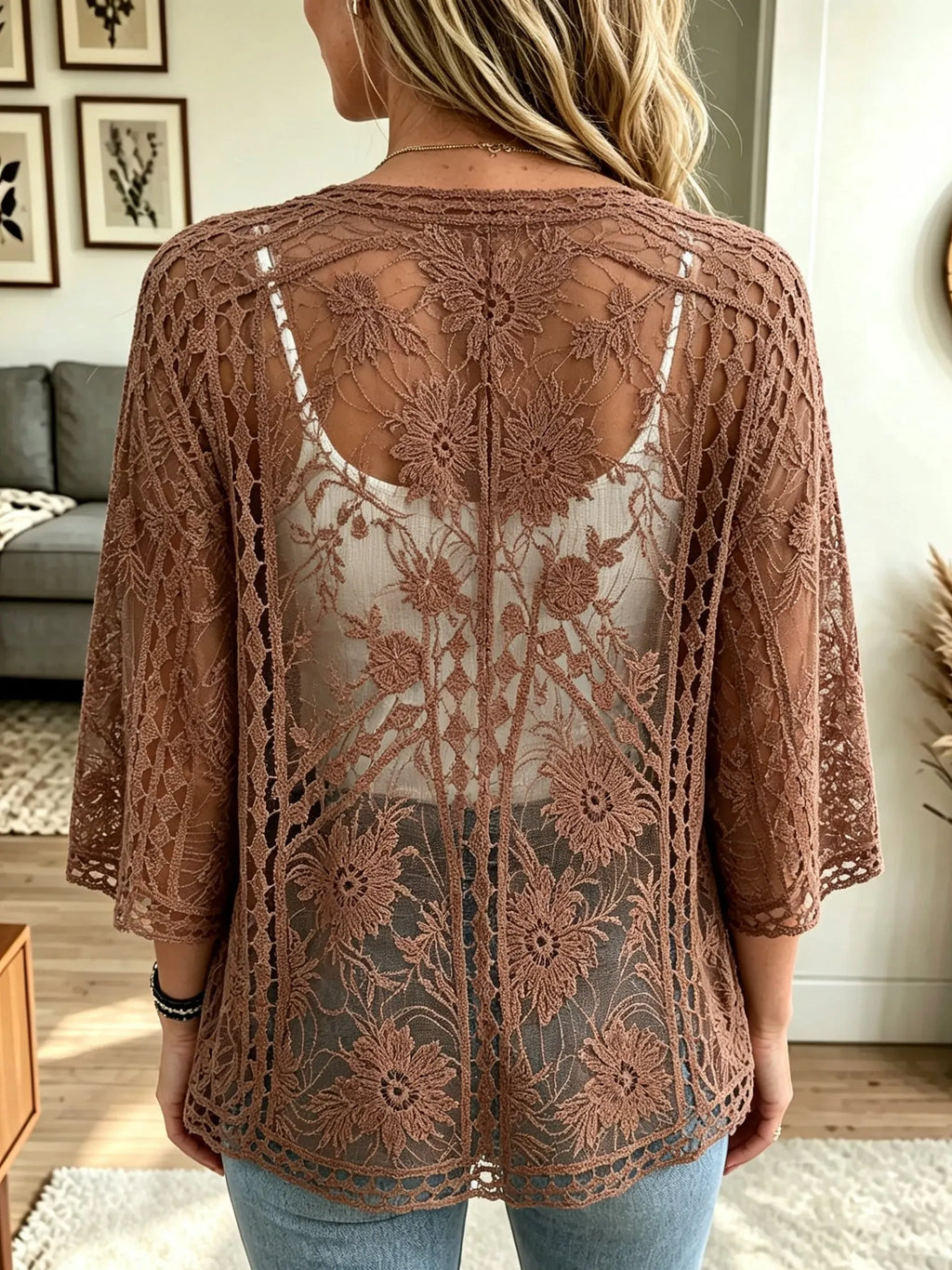 Women's Sheer Floral Lace Open-Front Kimono Cardigan