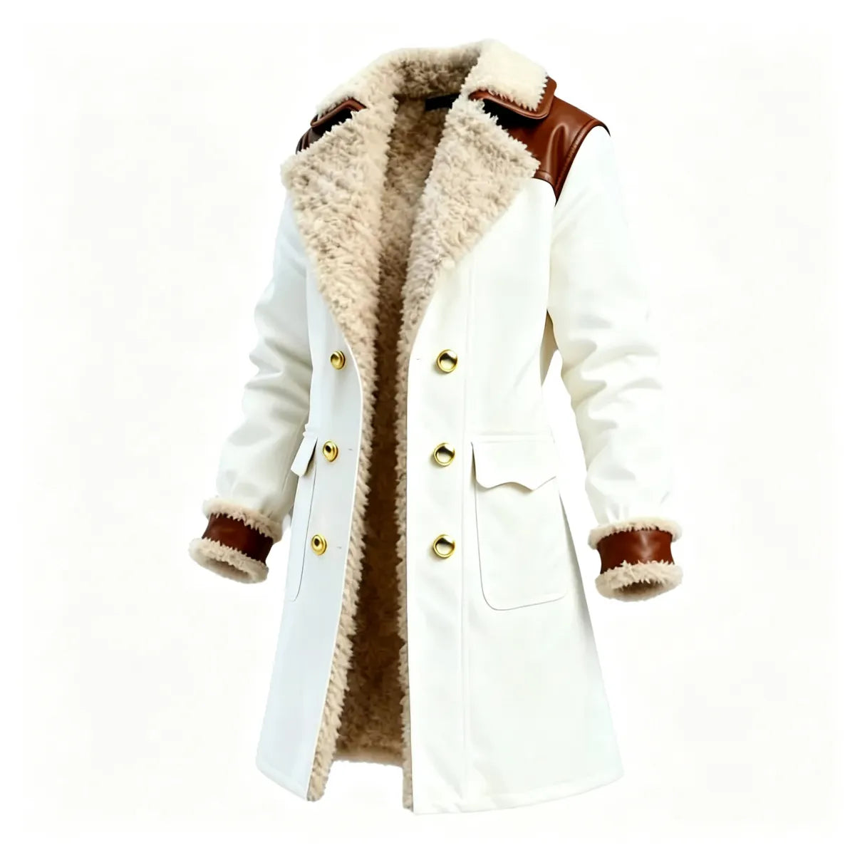 Women's Vintage White Leather Contrast Fleece Faux Fur Lining Coat