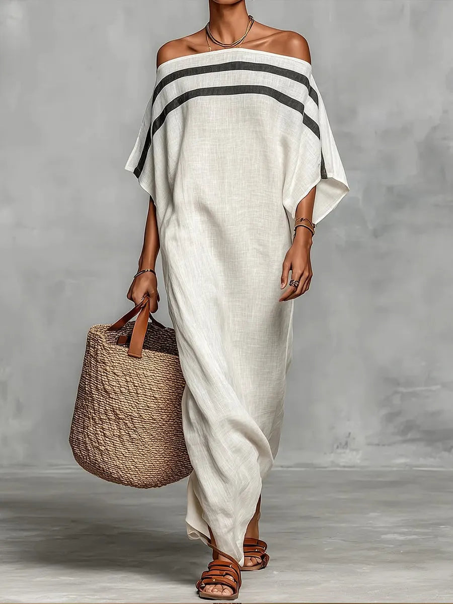 Off-the-shoulder, Straight-neck Linen And Cotton Dress