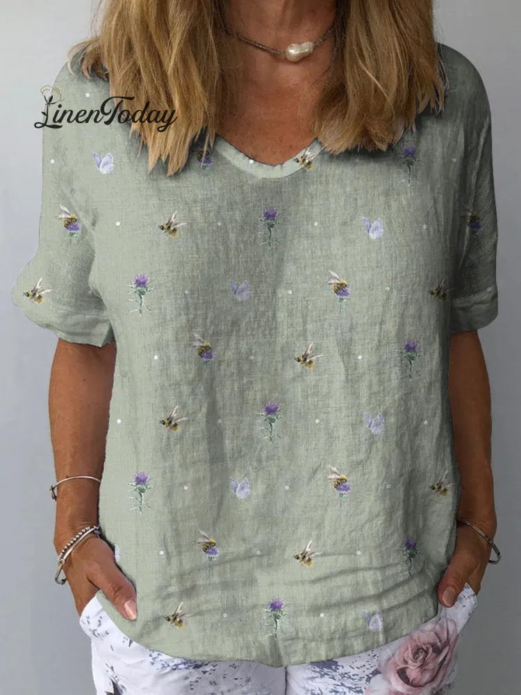 Thistle And Bumble Bee Simple Spring Pattern Printed Women's Casual Cotton And Linen Shirt