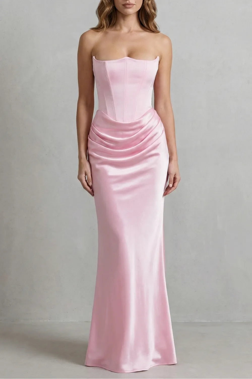 Sculpted satin drape – Strapless corset maxi dress