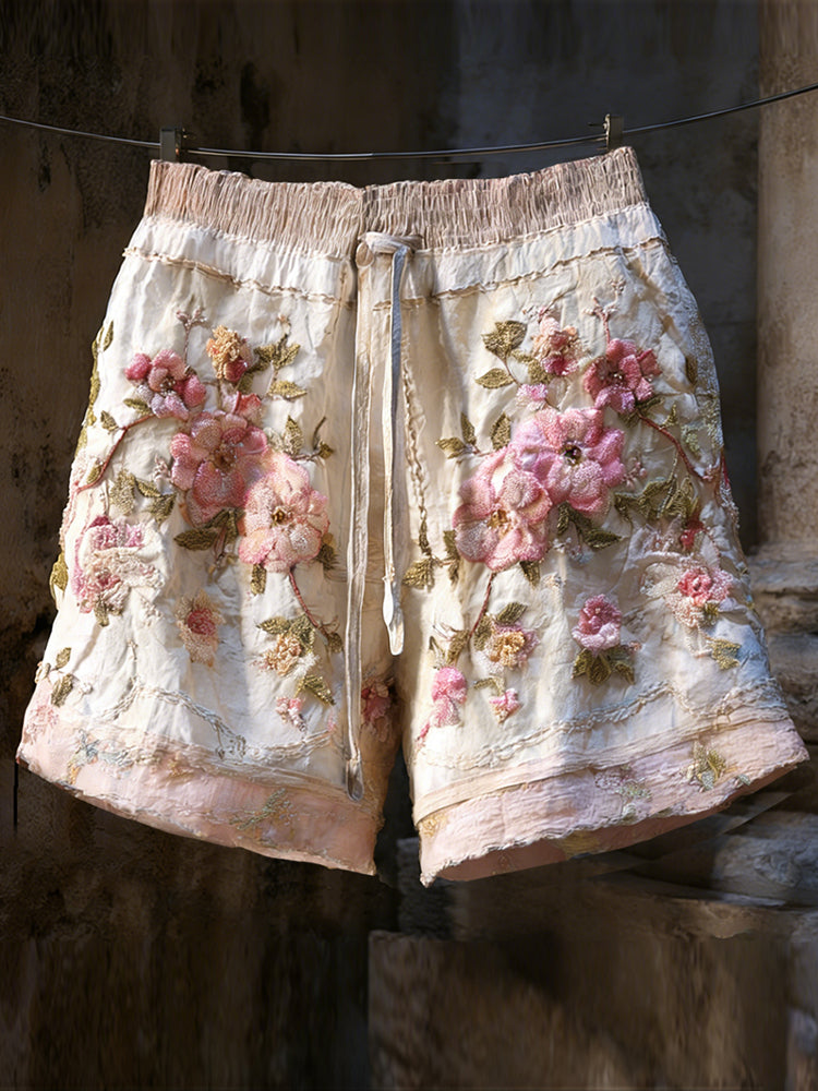 Vintage Pink Floral Art Embroidery Cotton Linen Casual Color-block Washed Shorts