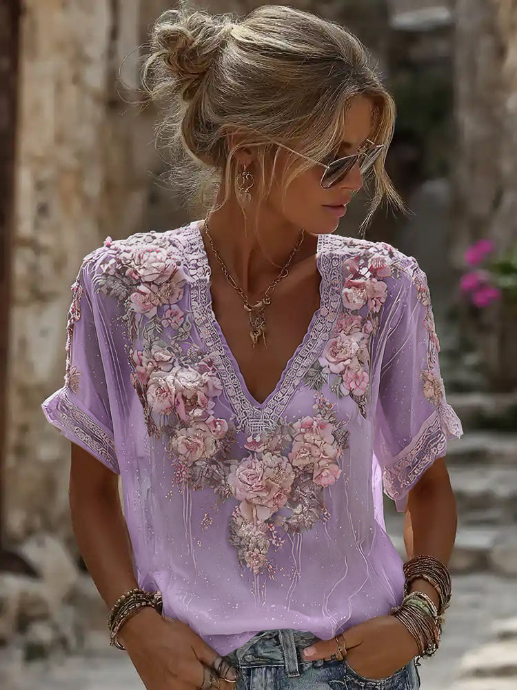 Women's Vintage Resort Embroidered Floral V-neck T-shirt