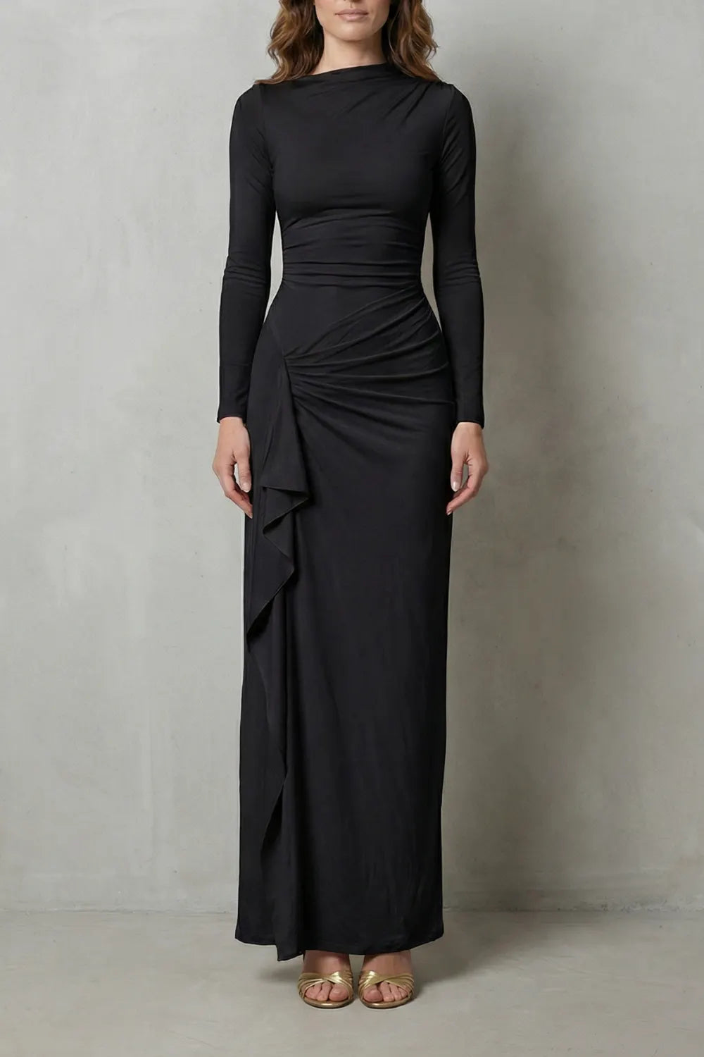 Sculpted side drape – Long sleeve maxi gown