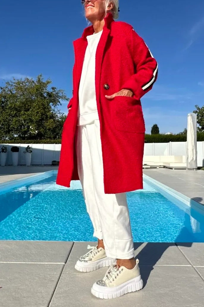 Women Lapel Vertical Pattern Plush Casual Coat