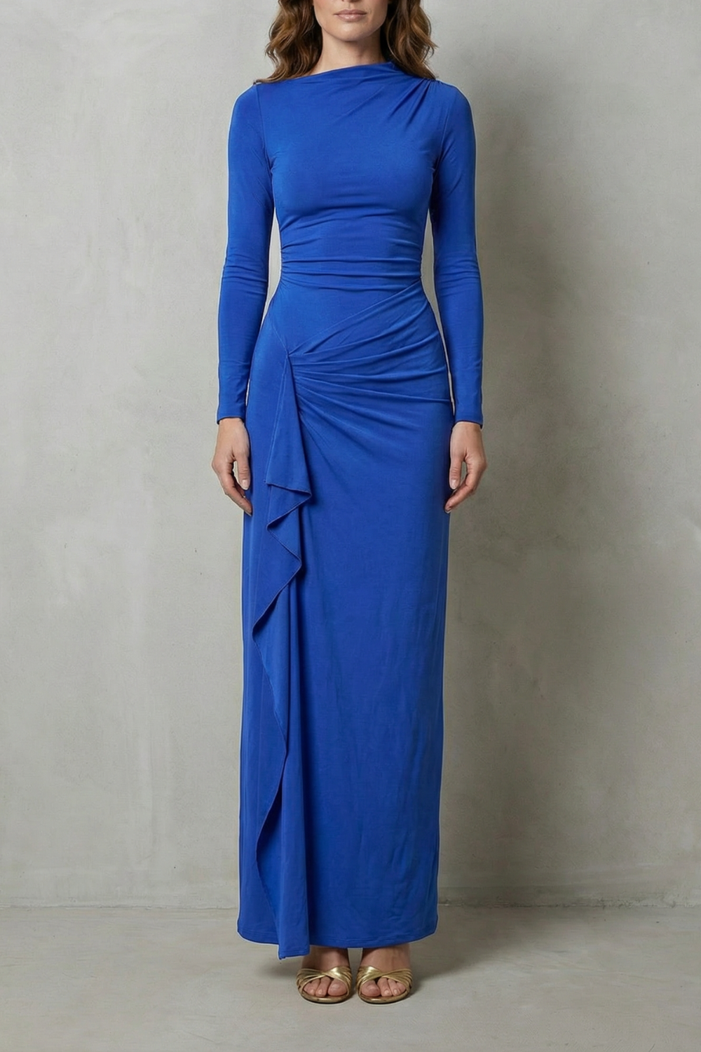 Sculpted side drape – Long sleeve maxi gown