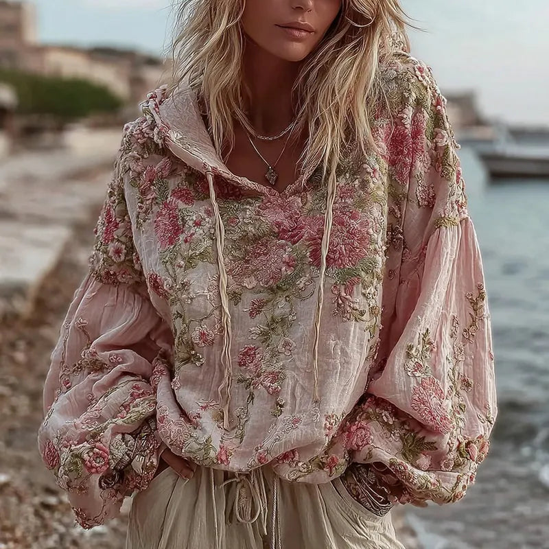 Women's Vintage Floral Embroidery Warm Hoodie