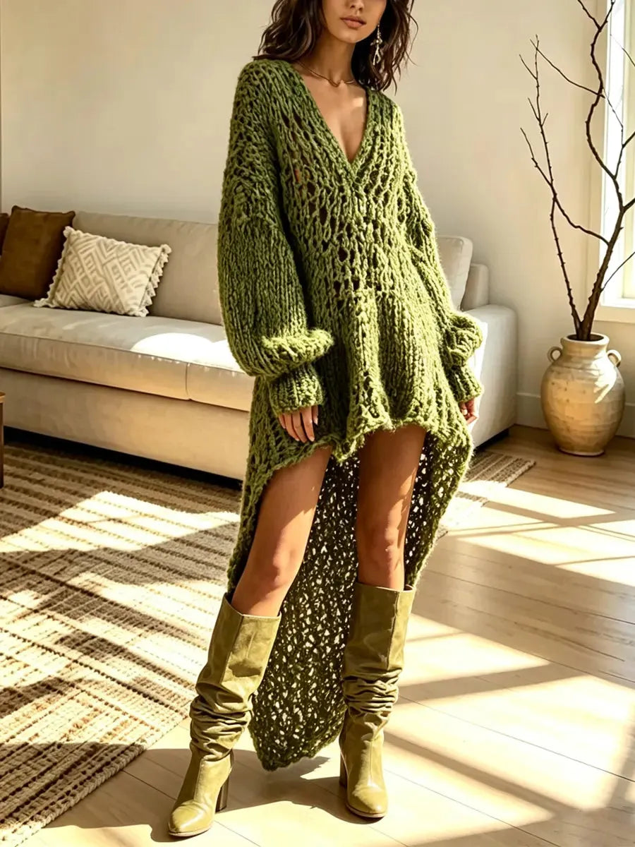 Retro V Collar Knitted Art Casual Stylish Long Sleeve Maxi Dress