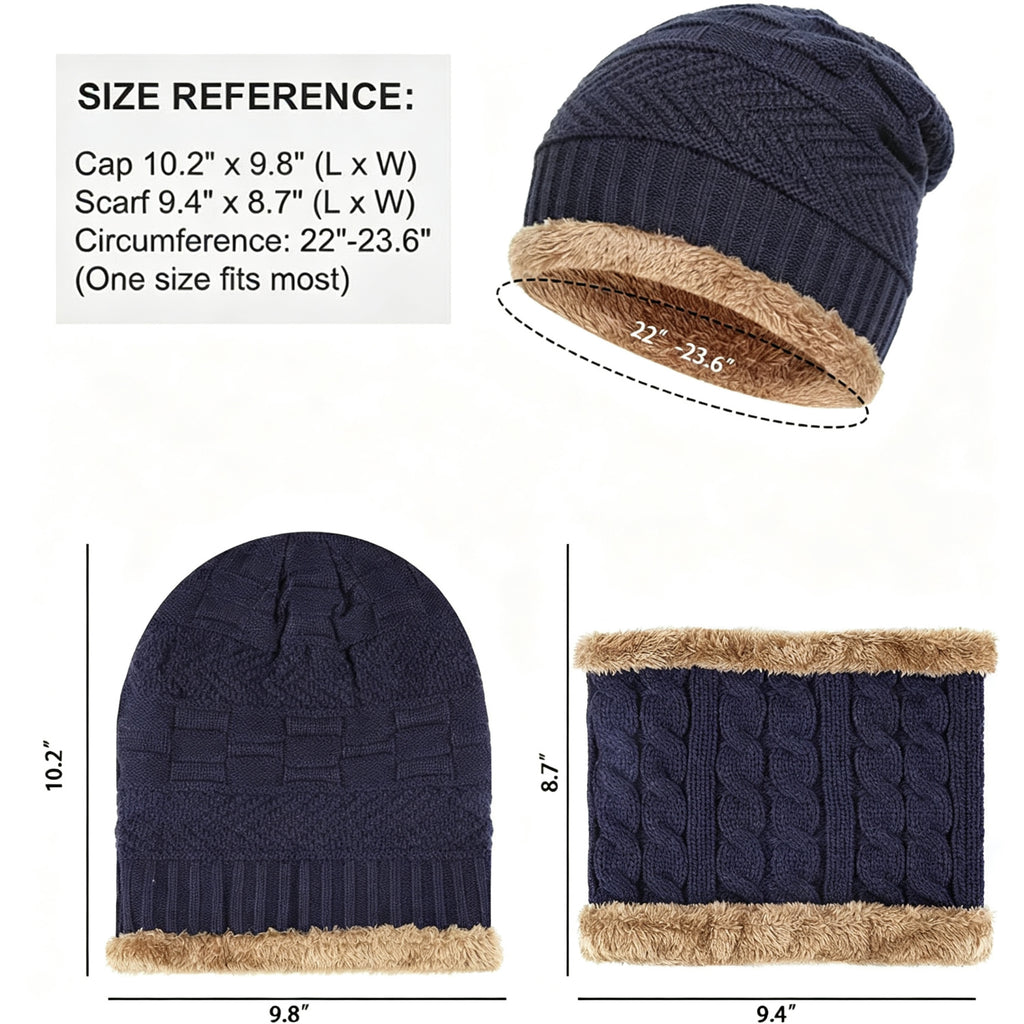 Mens Womens Winter Beanie Hat Scarf Set Warm Knit Hat Thick Fleece Lined Winter Cap