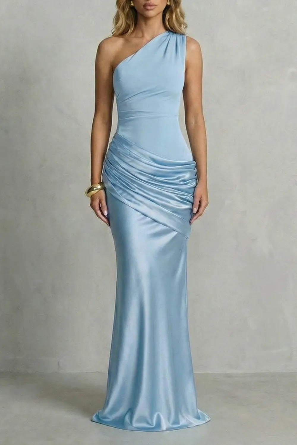 Satin draped elegance – One shoulder maxi dress