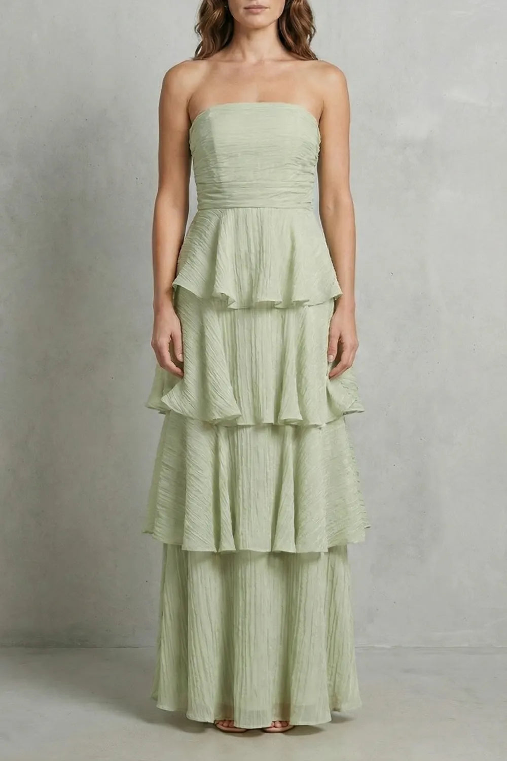 Soft cascading layers – Strapless tiered maxi dress
