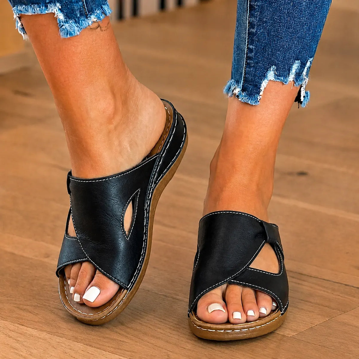 Orthopedic Leather Crossover Slide Sandals - Contrast Stitching Detail