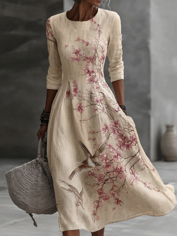 Japanese Plum Blossom Art Embroidered Casual Linen Maxi Dress