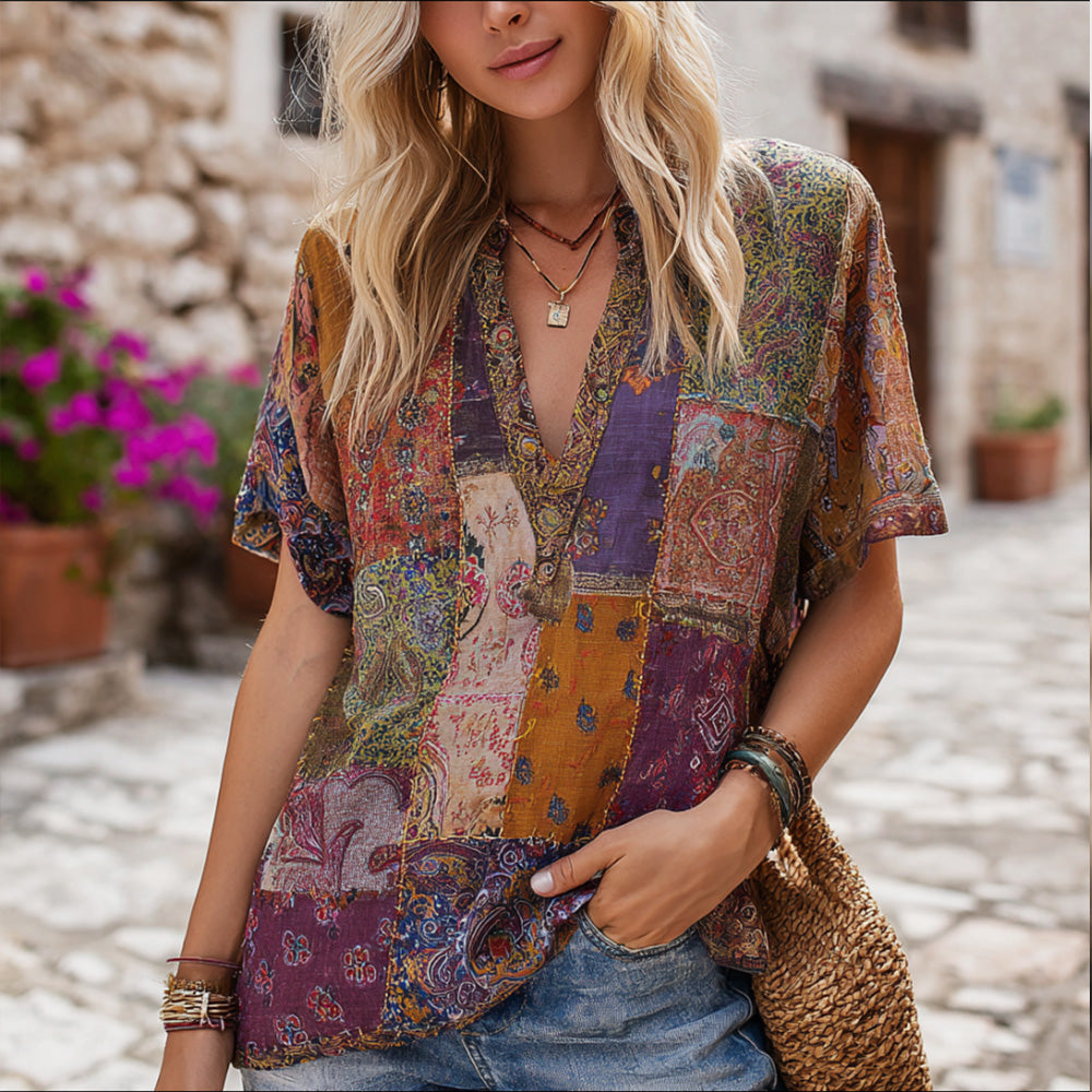 Vintage Paisley Floral Patchwork V-neck Short Sleeve T-shirt