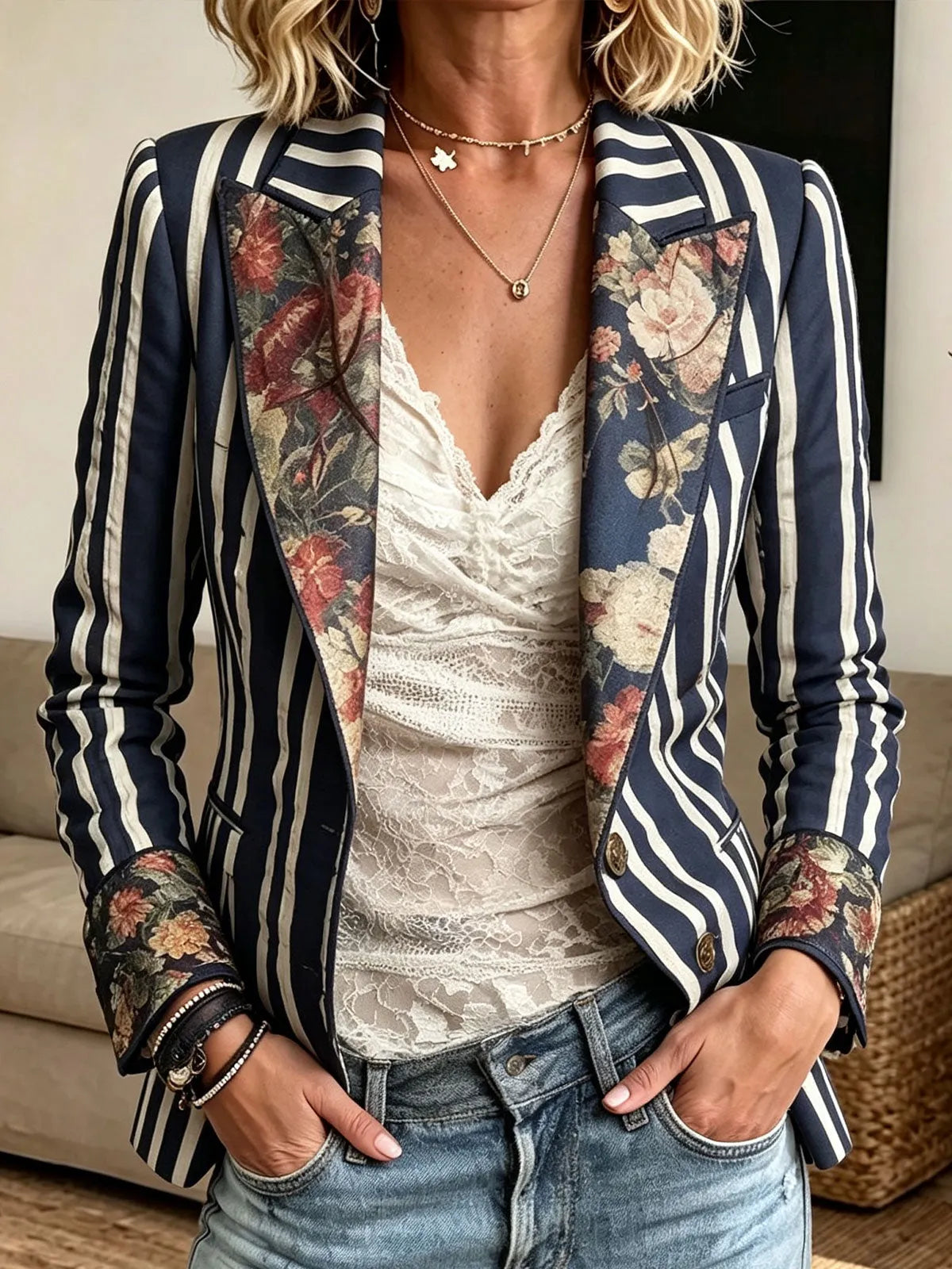 Striped Blazer With Floral Print Lapel Cuffs, Women Vintage Open‐Front Suit Jacket