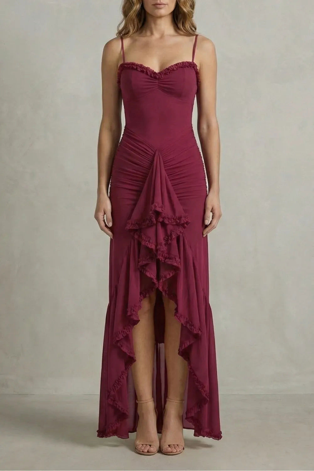 Feminine ruffle allure – Sleeveless high low maxi dress