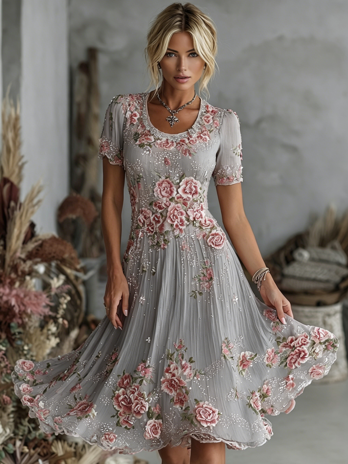 Women's Vintage Floral Art Pattern Crew Neck Short Sleeve Linen Maxi Dress