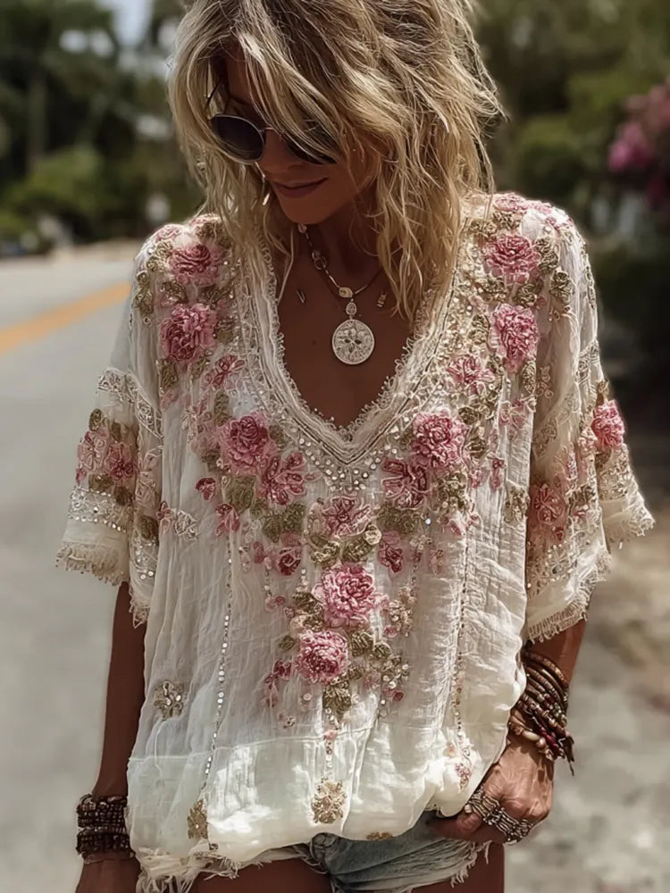 Vintage Pink Rose Embroidery Linen Short Sleeve T-shirt