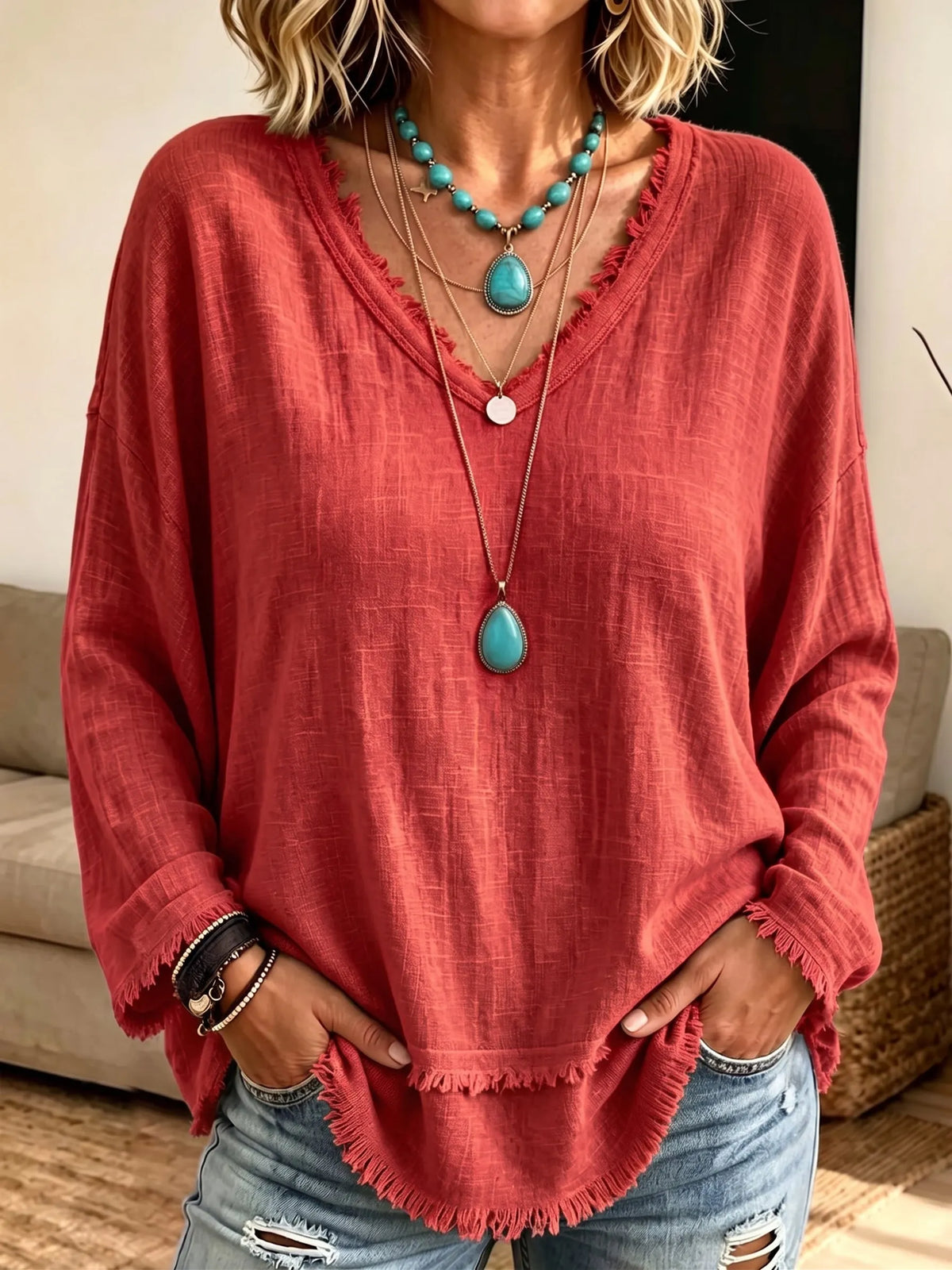 Women Frayed Edge V‐Neck Long Sleeve Top, Loose Textured Casual Blouse