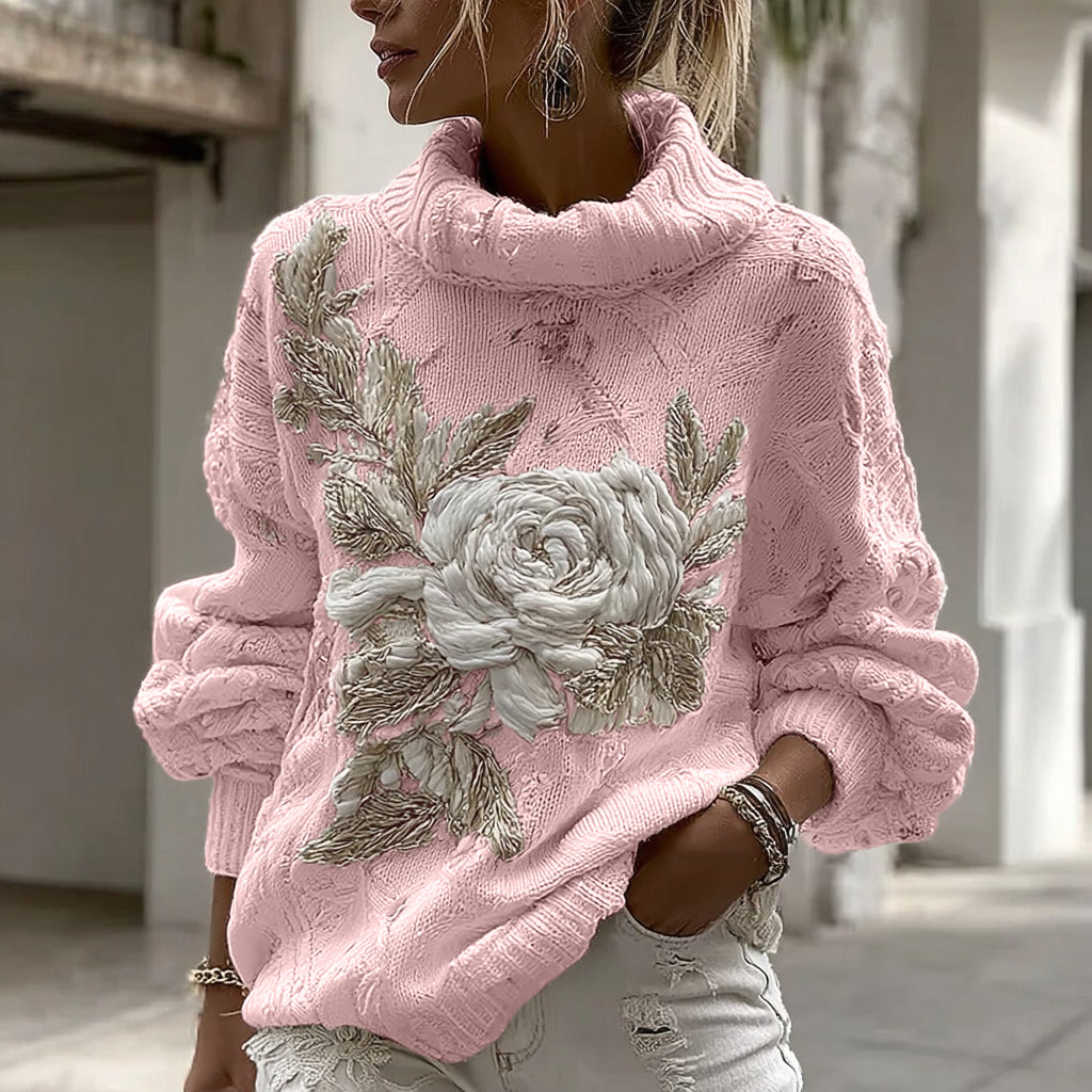 Women's Vintage White Rose Chunky Knit Turtleneck Sweater