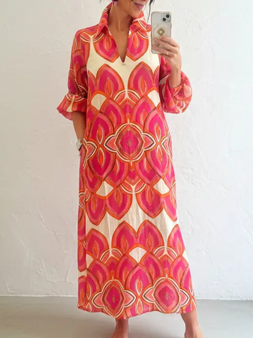 Retro Stand-up Collar Floral Print Loose Linen Cotton Dress