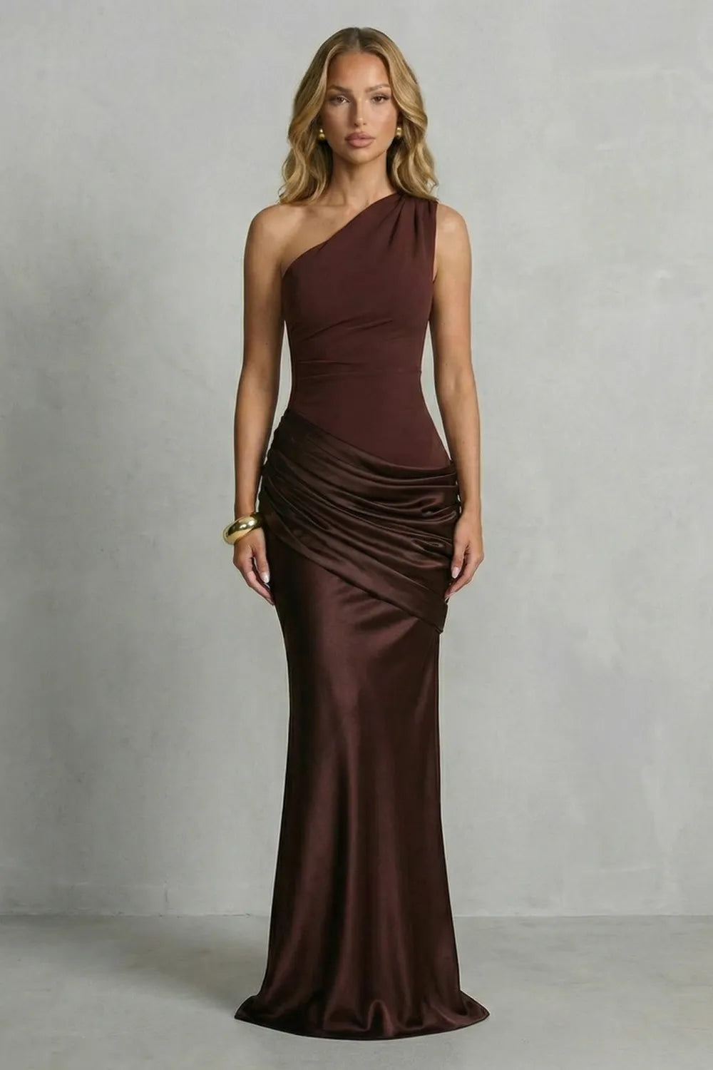 Satin draped elegance – One shoulder maxi dress