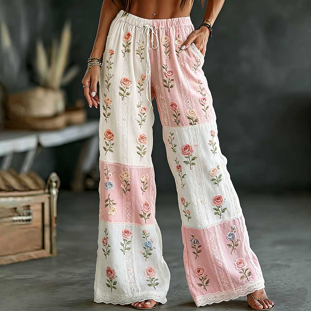 Vintage Rose Art Embroidery Color-block Spliced Comfortable Cotton Linen Trousers