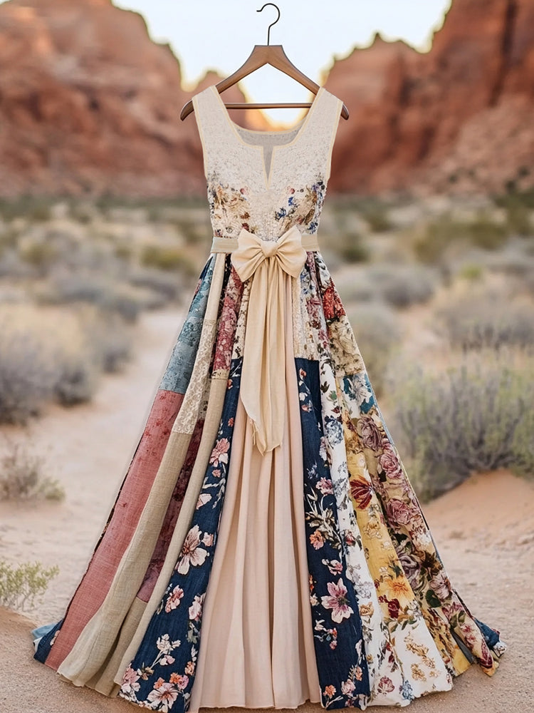 Women's Vintage Floral Art Comfy Linen Dress