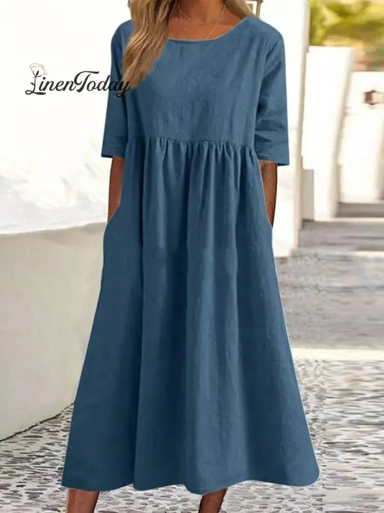 Cotton And Linen Casual Short Sleeve Pocket Pleated Loose Round Neck Dress