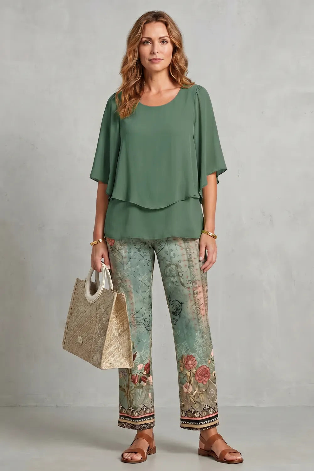 Botanical print elegance – Two-piece trouser set