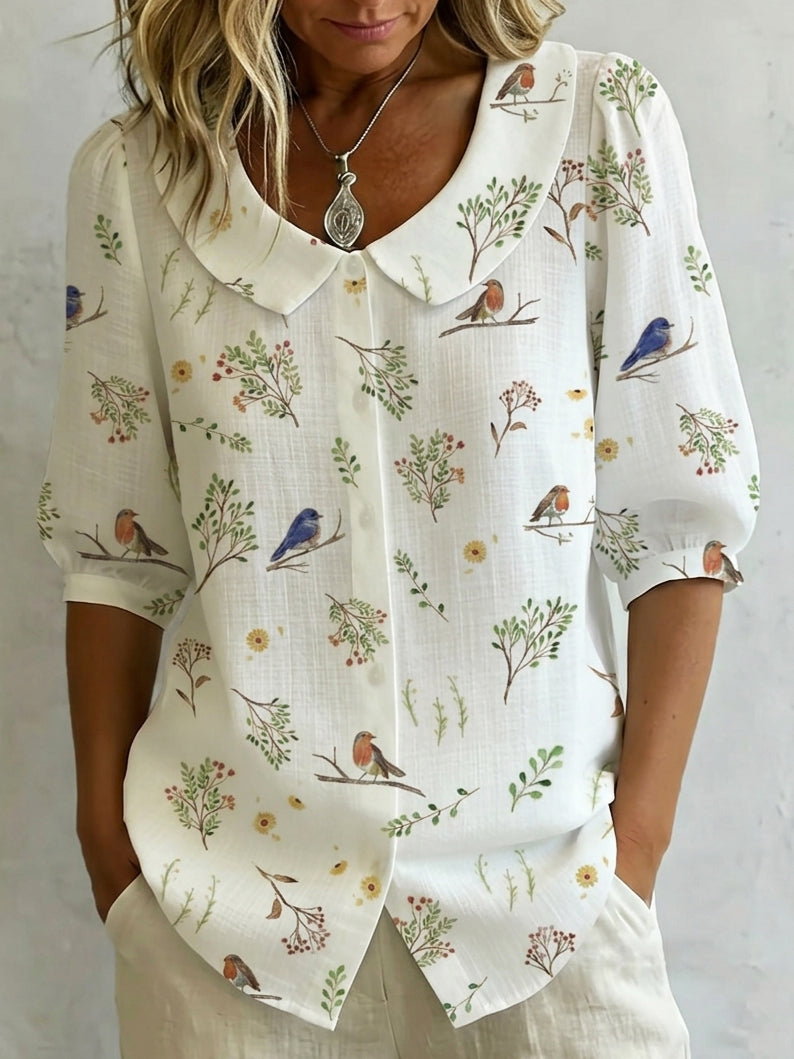 "Forest Whispers" Peter Pan Collar Linen-Cotton Shirt